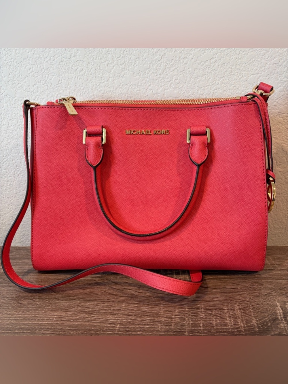 Michael Kors Women’s Watermelon Pink Saffiano Leather Medium Sutton Satchel